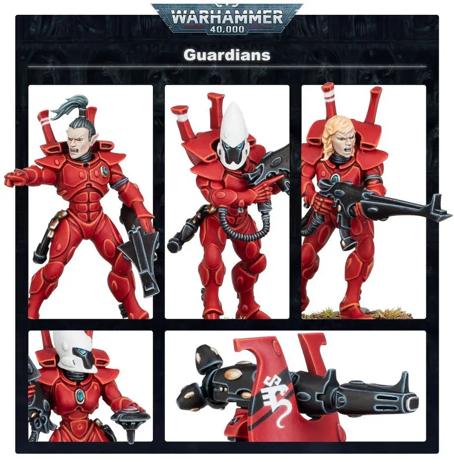 Six detailed red-armored Warhammer Guardians action figures in various poses.