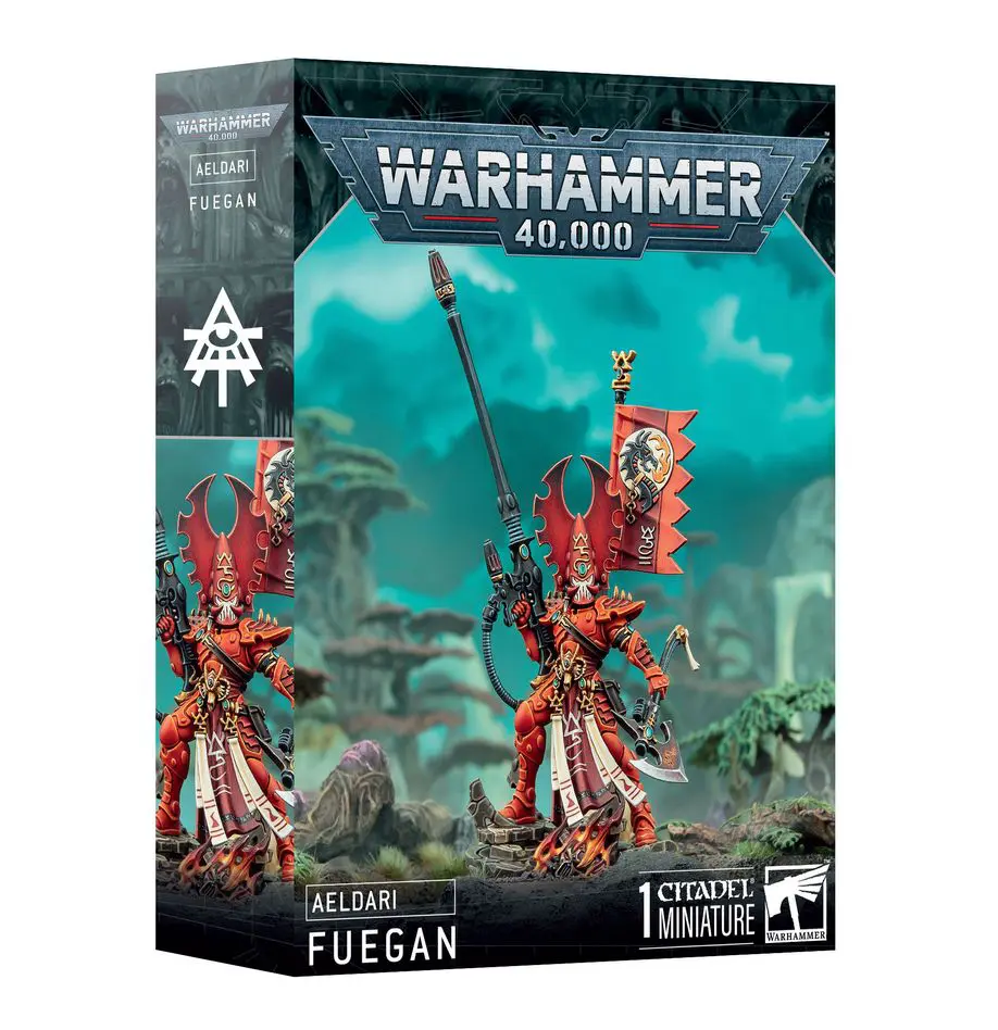 Warhammer 40,000 miniature model box featuring Fuegan character.