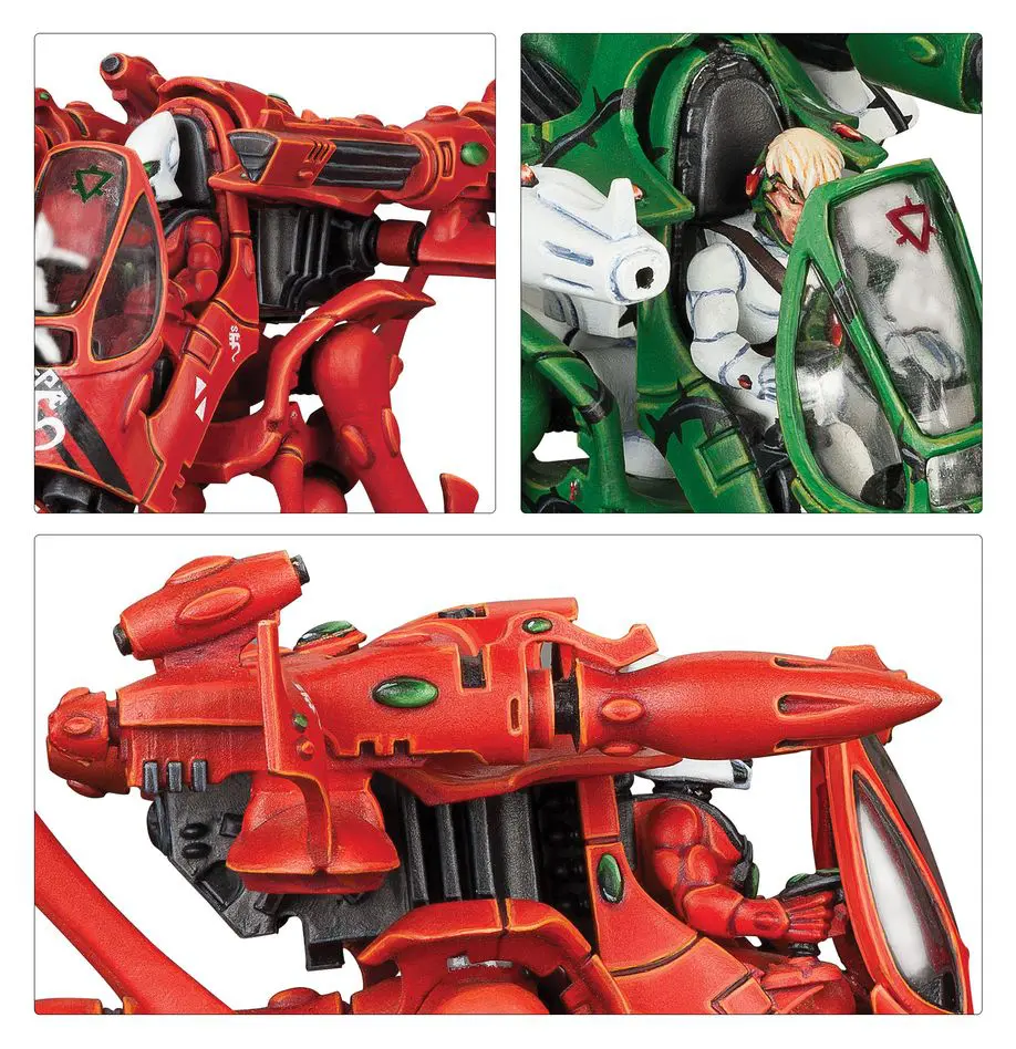 Futuristic red and green robotic figures with mechanical details.