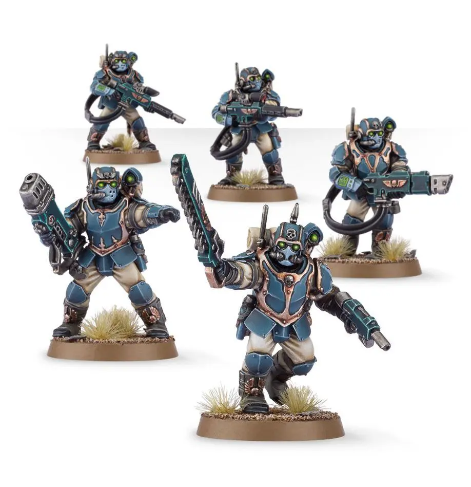 Detailed miniature soldiers in blue armor posed for battle.