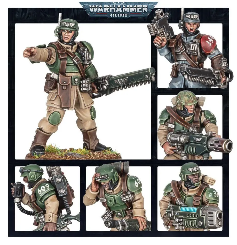 Warhammer models of soldiers armed with heavy weaponry in combat poses.
