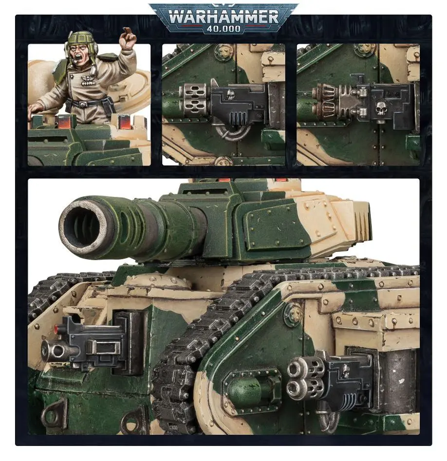 Detailed Warhammer tank model with intricate paint and assembly.