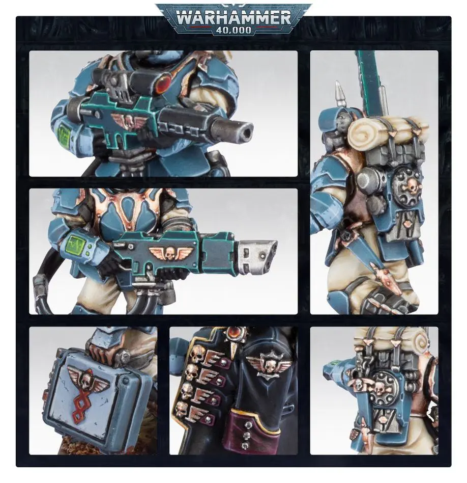 Detailed Warhammer Space Marine model with custom paint and accessories.