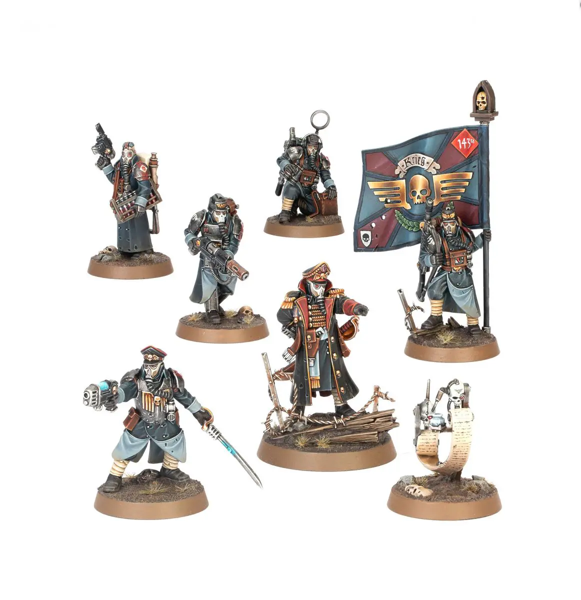 A group of detailed fantasy miniatures with weapons and banners.