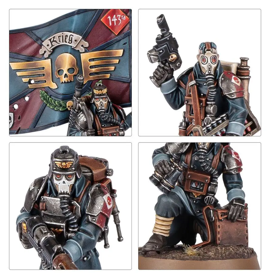 Four detailed Warhammer 40K Space Marine miniatures with weapons and armor.