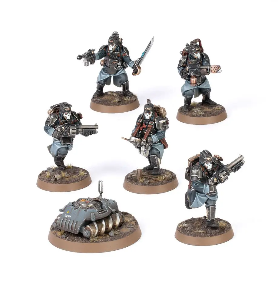 Six detailed miniature warrior figurines with weapons on round bases.