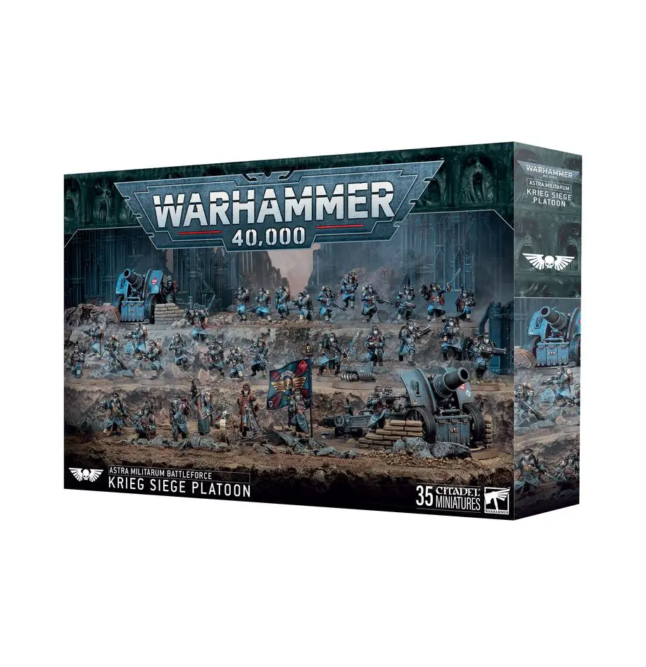 Warhammer 40,000 tabletop game set with miniatures and terrain.