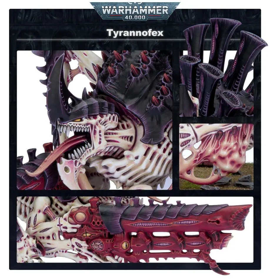 Detailed Warhammer Tyranofex model with intricate bio-mechanical design and weaponry.