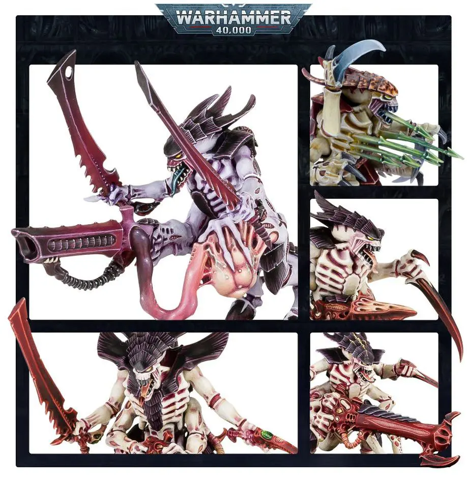 Warhammer model of a monstrous creature wielding large weapons in dynamic poses.