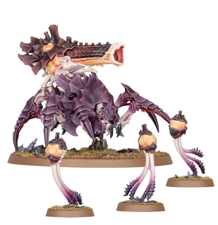 A multi-legged purple creature with a large open mouth and smaller floating heads.