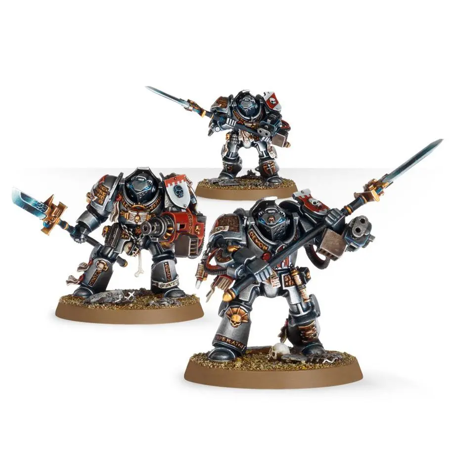 Three detailed armored warrior miniatures armed with weapons on display bases.
