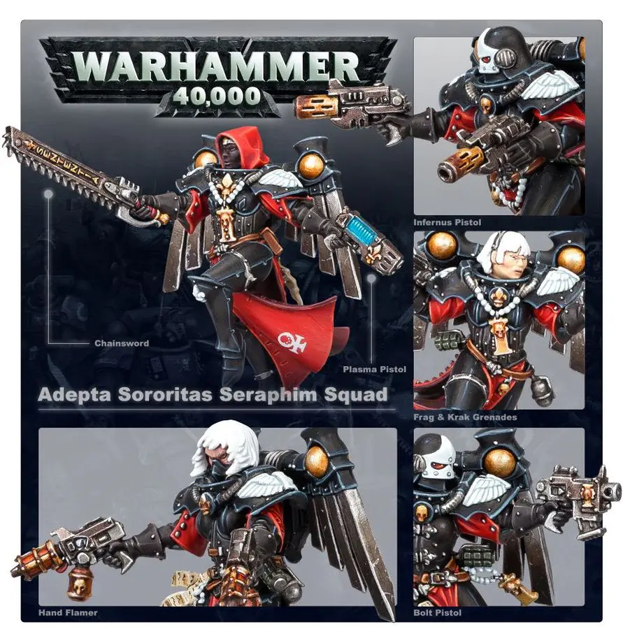 Warhammer 40k Adeptus Sororitas Seraphim Squad with detailed armor and weapons.