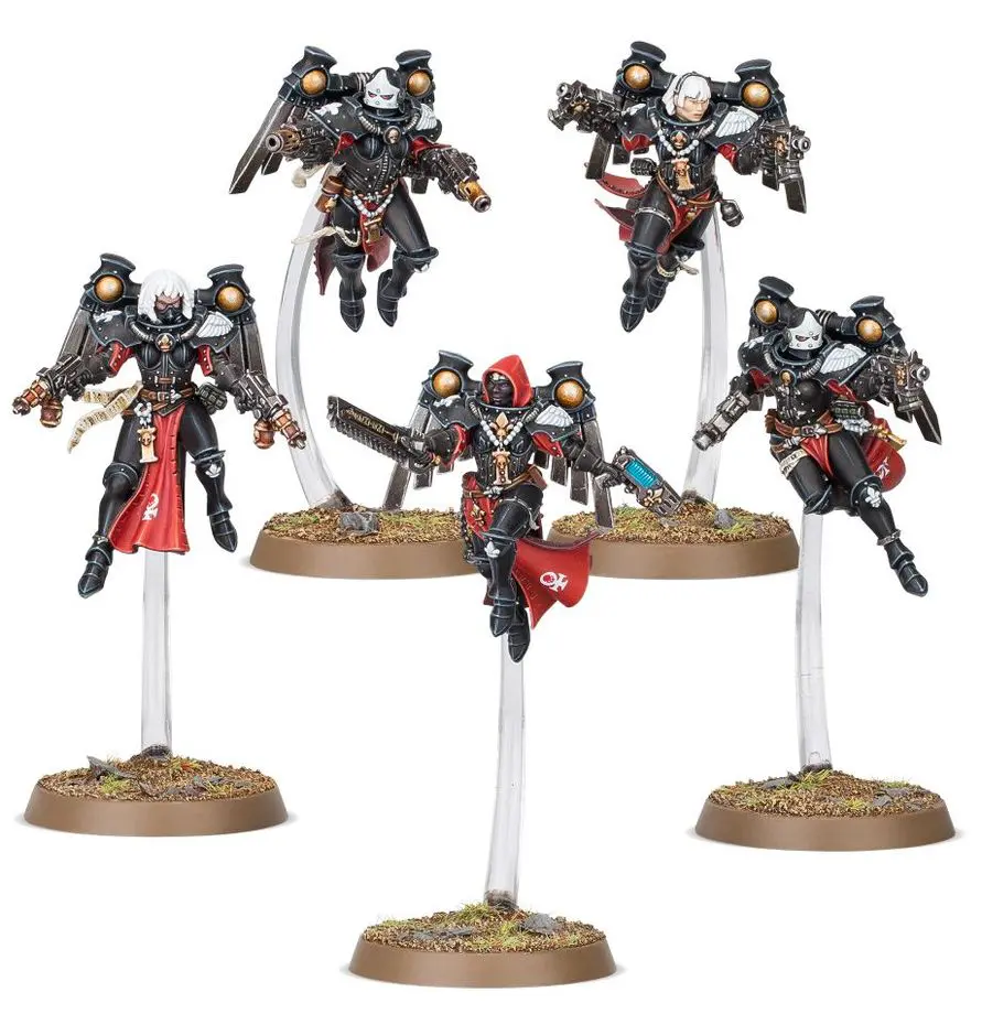 Six futuristic armored soldiers flying on jetpacks with weapons.