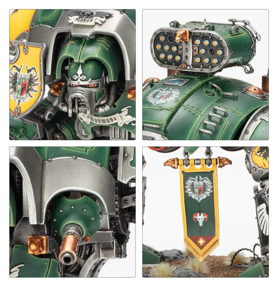 Detailed close-ups of a green armored vehicle with emblem and weaponry.