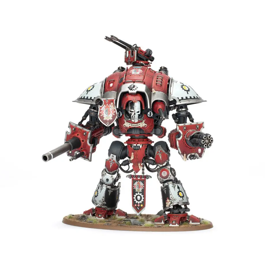 A detailed red and white armored mech with weapons and skull motifs.