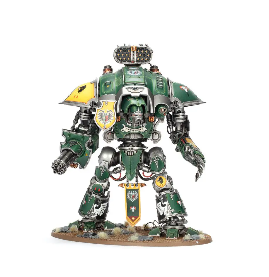 A detailed green and silver armored mech with a crown on top, standing on a round base.