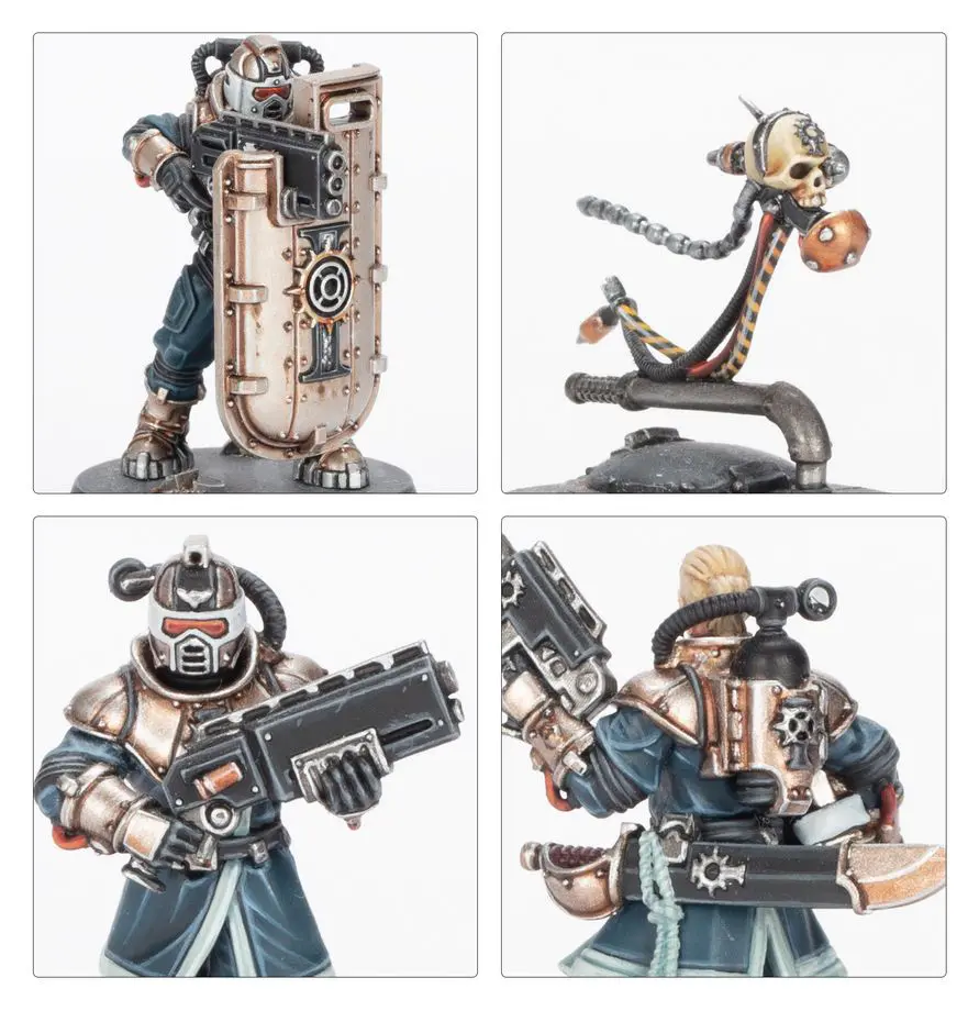 Four detailed steampunk-style robot figurines with weapons and armor.