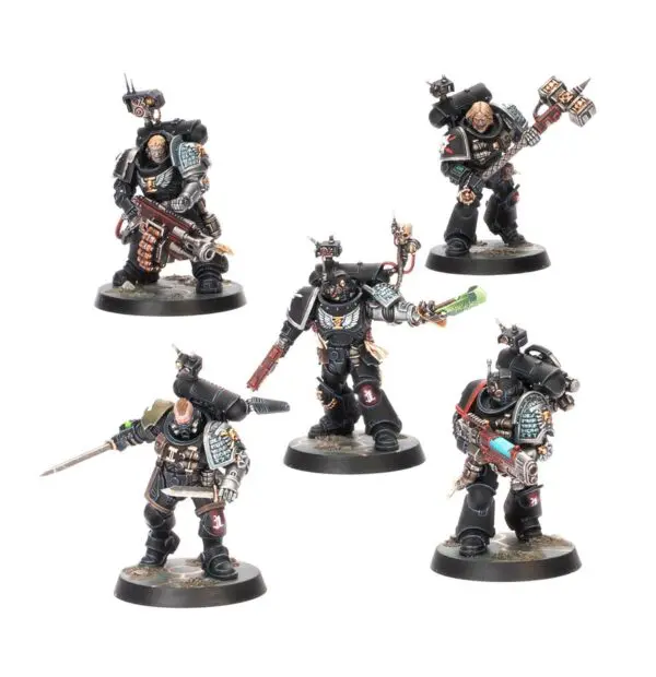 Five detailed fantasy warrior miniatures with weapons and armor.