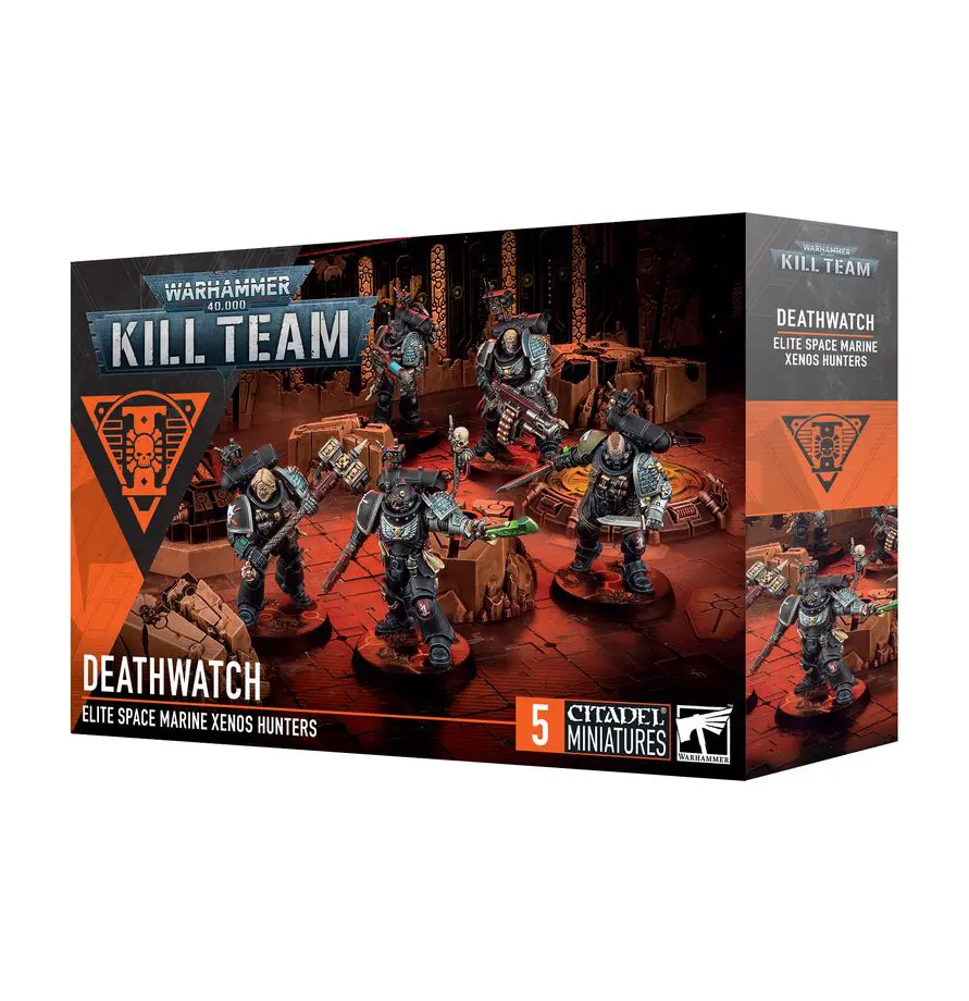 Box of Warhammer 40,000 Kill Team: Deathwatch miniatures with assembled figures.