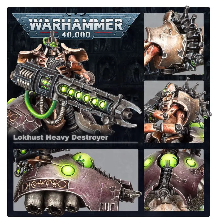 Detailed Warhammer 40,000 Lokhust Heavy Destroyer model with weapons and crew.