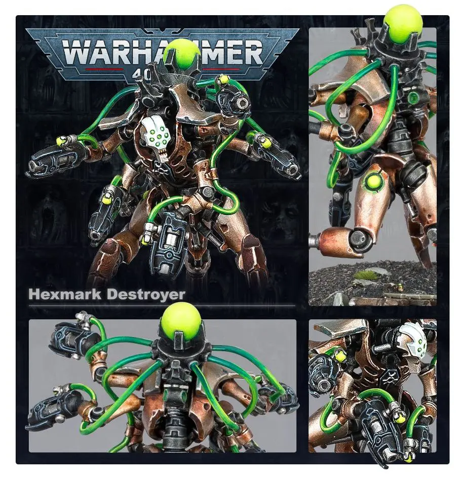 Warhammer Necromant Destroyer model with green glowing orb and mechanical details.