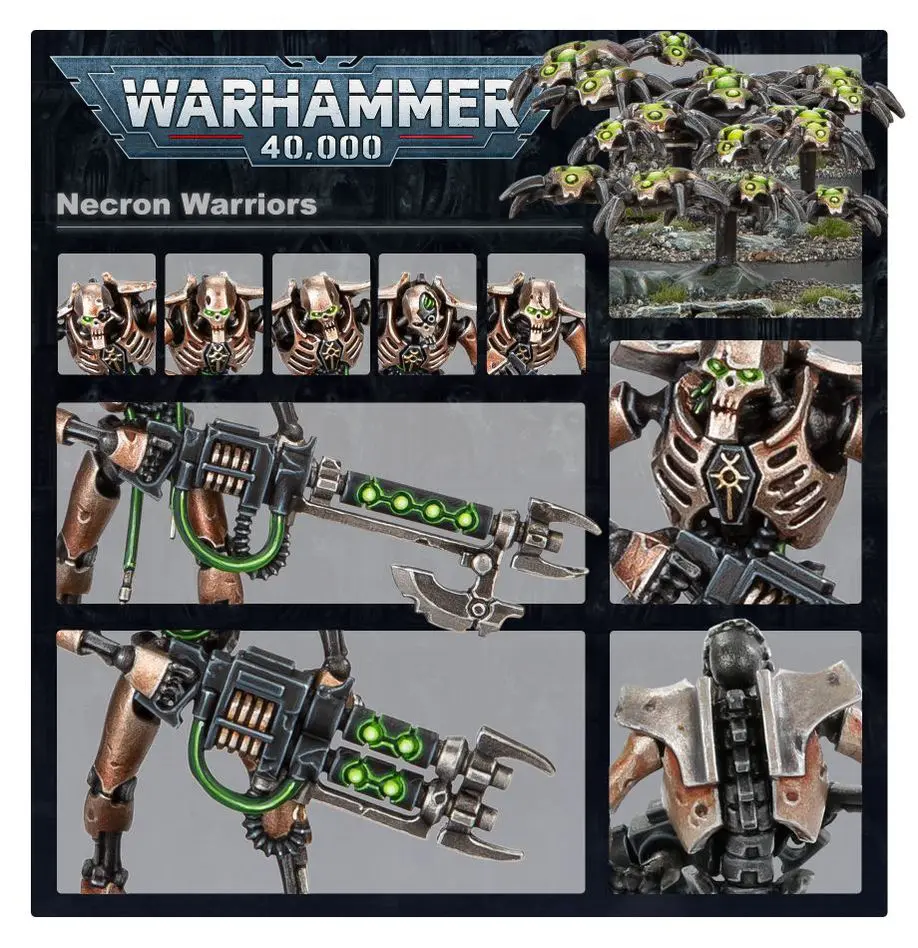 Detailed Warhammer 40K Necron Warrior miniatures with weapons and paint close-ups.
