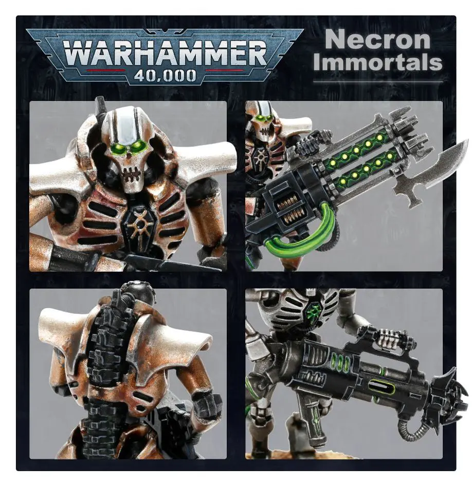 Detailed Warhammer Necron Immortals model with futuristic weaponry and metallic armor.