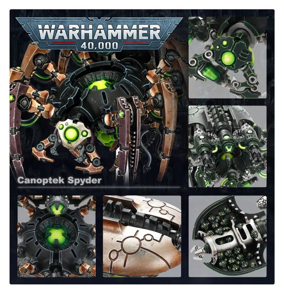 Warhammer 40K Cosmetick Spyder model with detailed mechanical and glowing green elements.