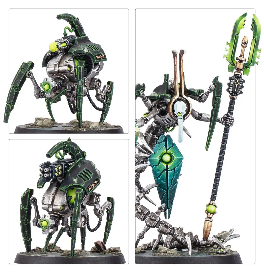 Four views of a detailed green and silver robotic spider figure with a humanoid robotic figure holding a staff and shield.