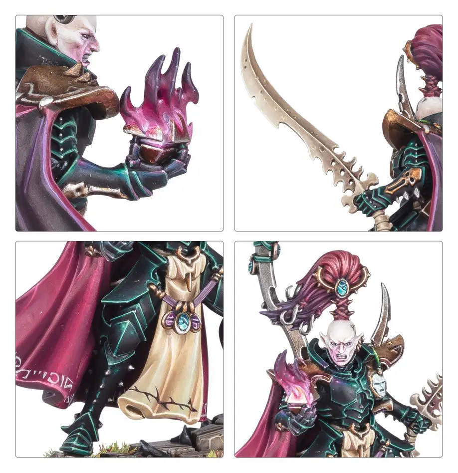 Detailed fantasy warrior figurine with purple flames and ornate armor.
