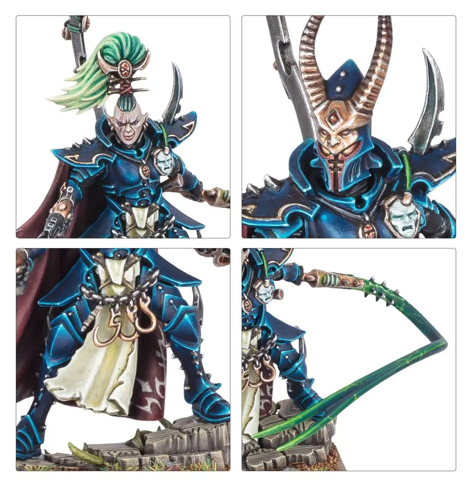 Detailed figurine of a warrior with green hair and ornate armor.