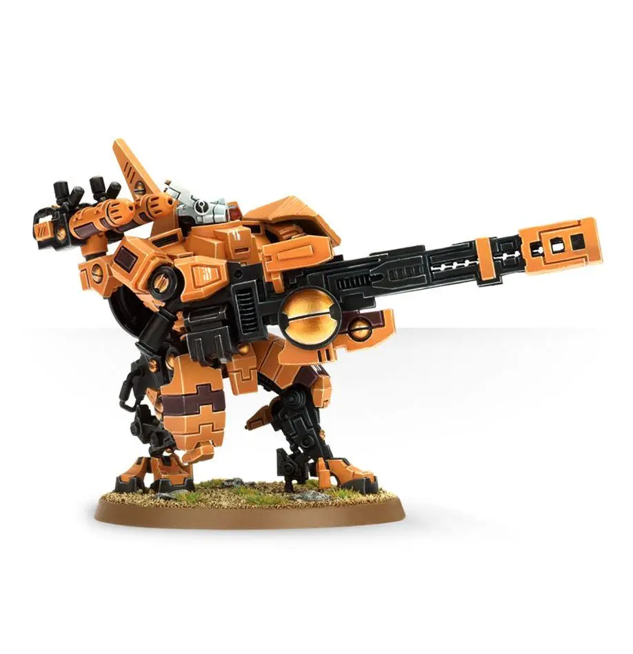 Orange and black mechanical robot model with a large gun weapon.