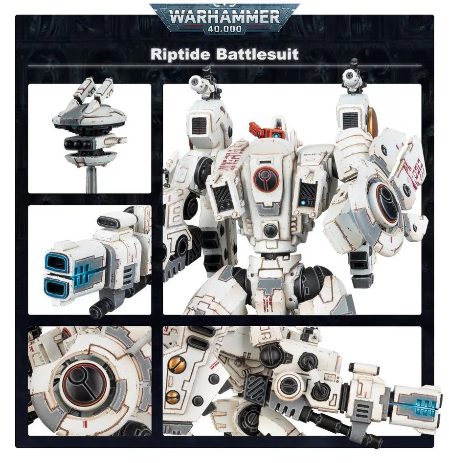 Warhammer Riptide Battlesuit model with detailed weapons and armor.