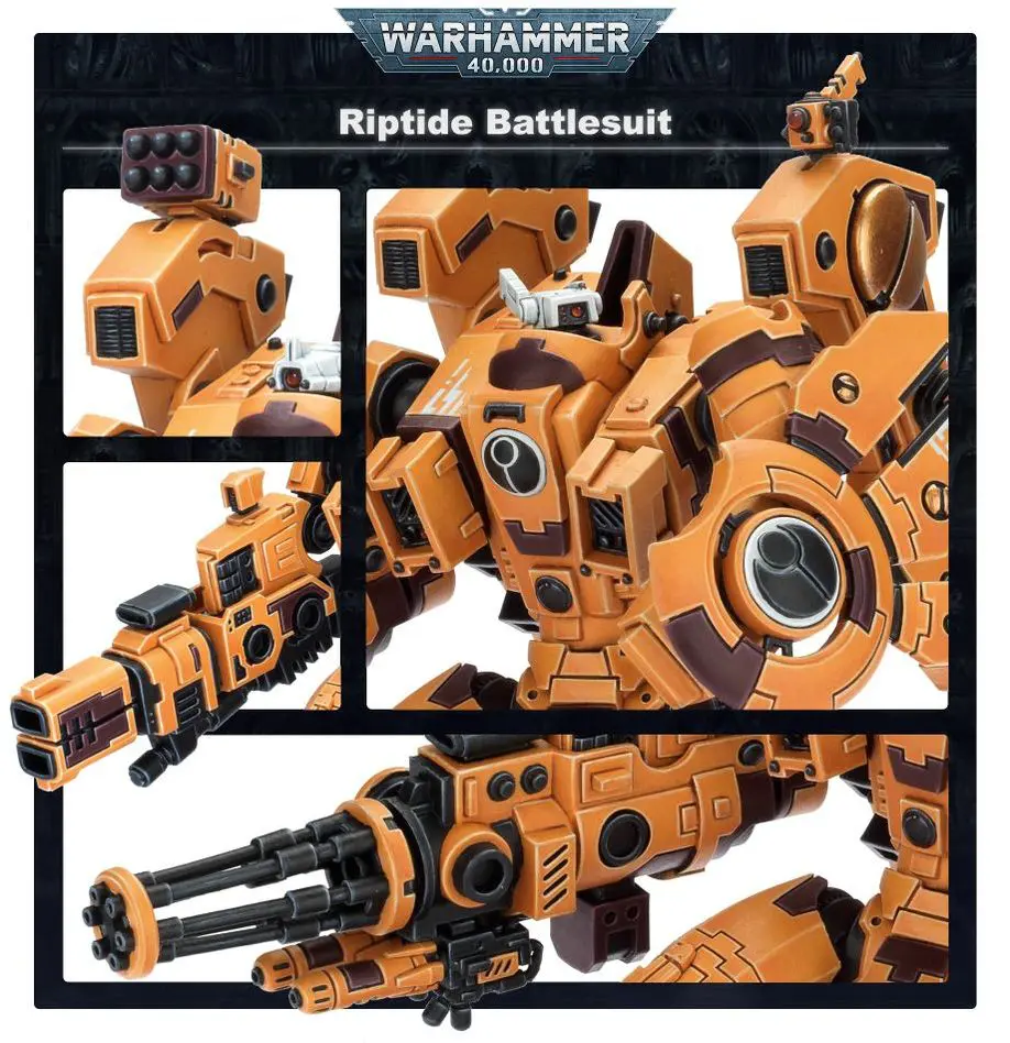 Detailed Warhammer Riptide Battlesuit model with heavy weapons.