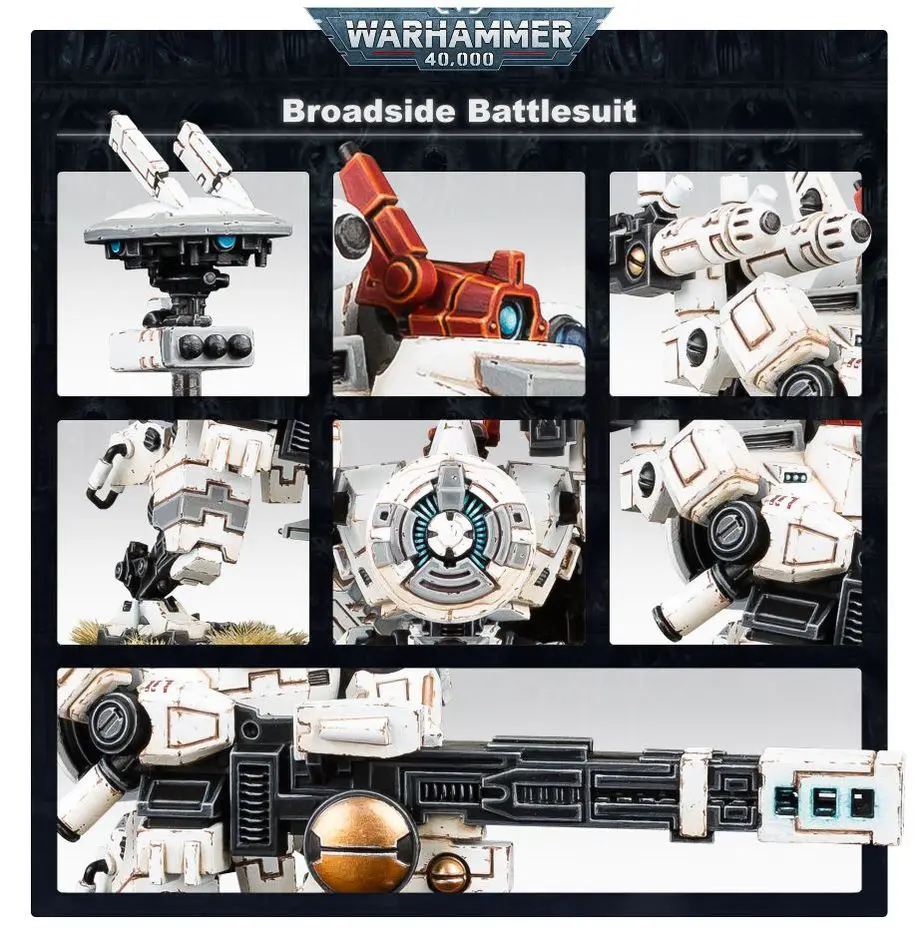 Warhammer Broadside Battlesuit kit components arranged neatly.