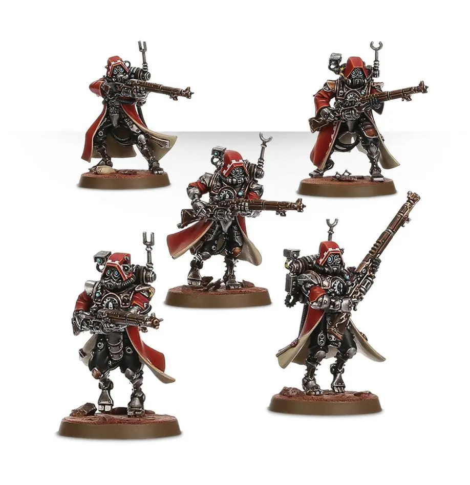 Five detailed miniature soldiers in dark armor with weapons and red accents.