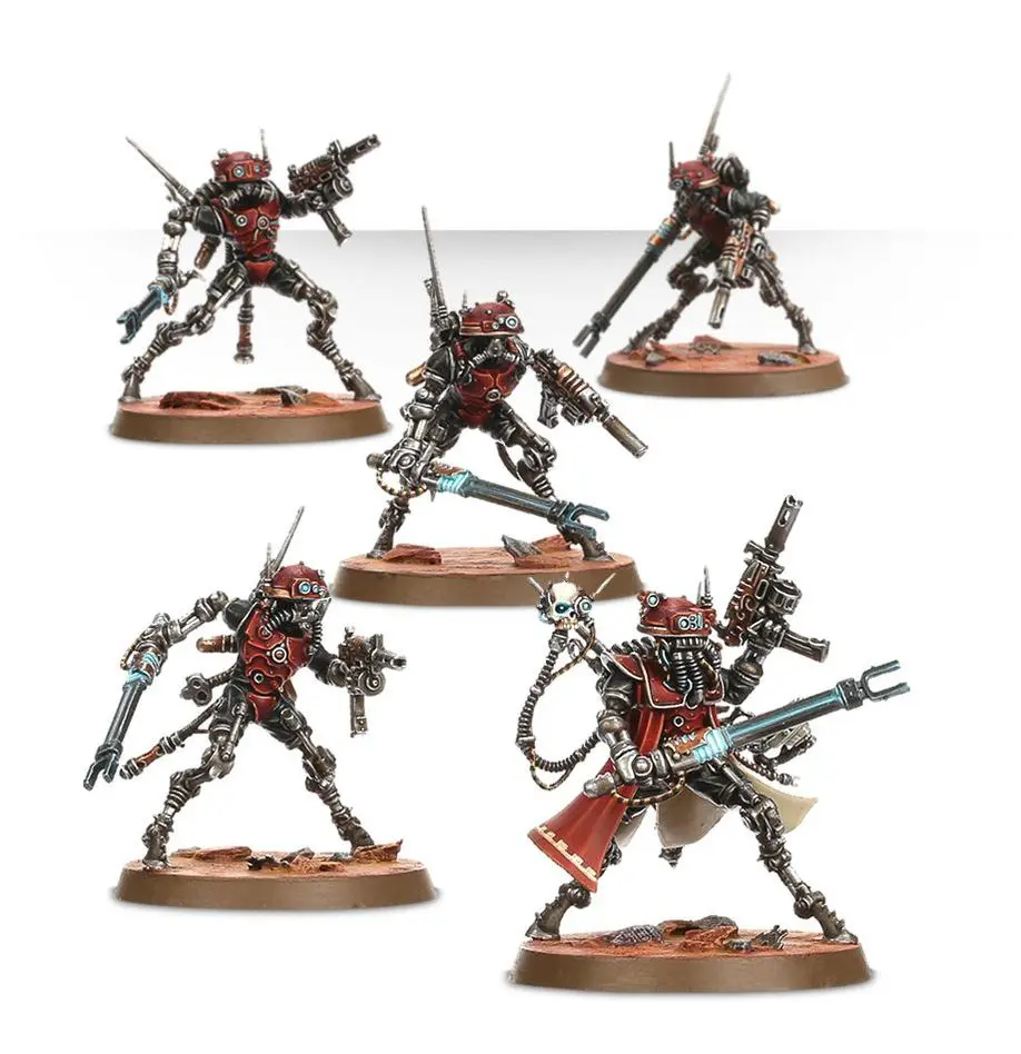 Five detailed miniature soldiers posed with futuristic weapons and armor.