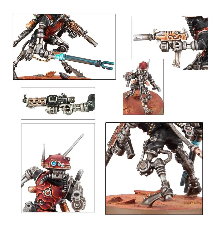 Various detailed illustrations of futuristic robot warriors in combat poses.