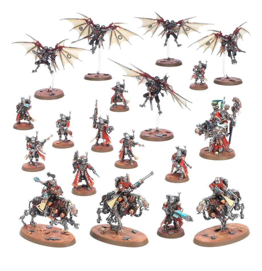 A collection of intricately painted fantasy miniature figures arranged on a flat surface.