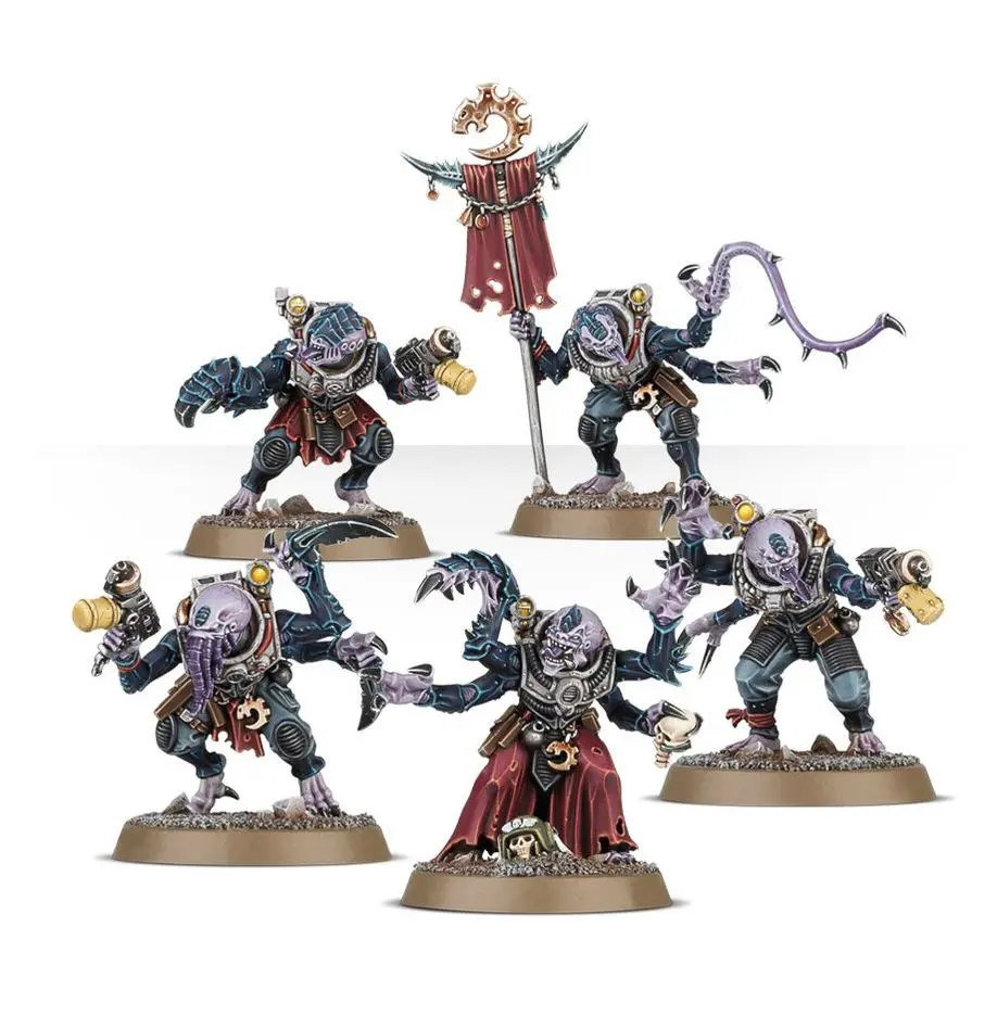 Detailed fantasy miniatures depicting armored warriors with weapons and mystical elements.