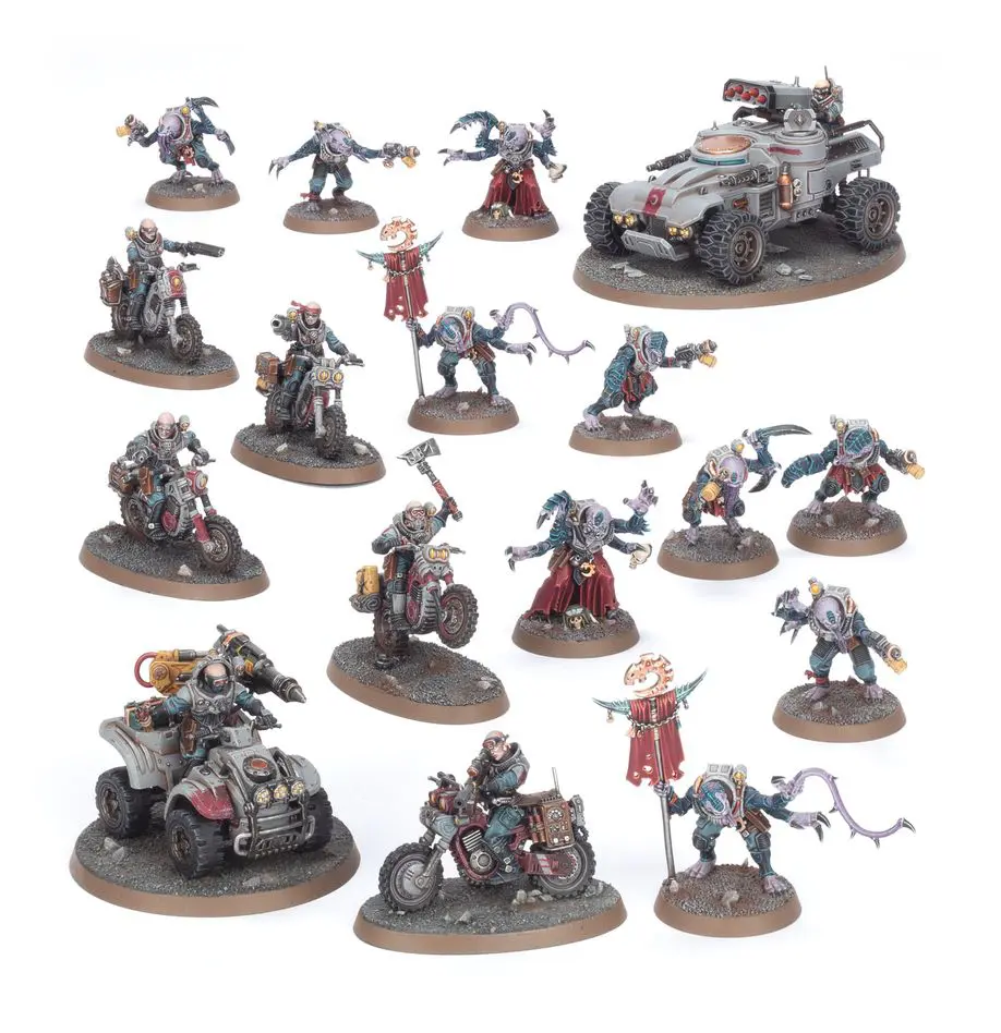 Painted miniature war game figures with soldiers and vehicles.