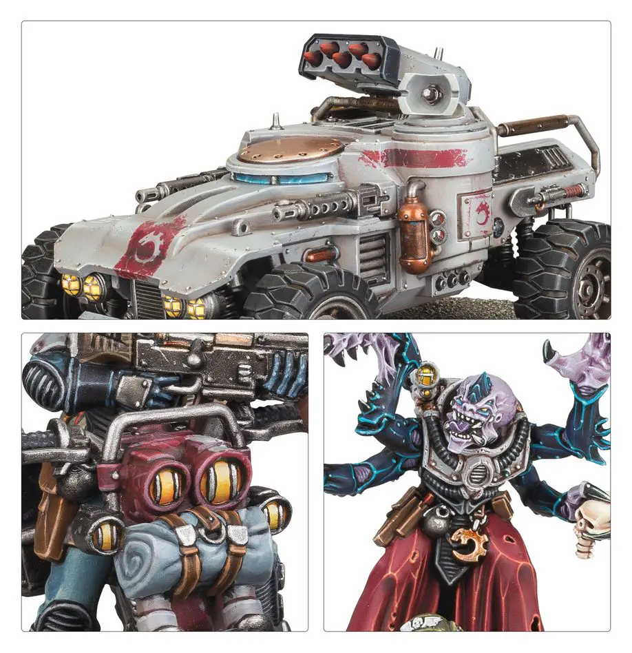 Detailed miniature sci-fi tank and armored warrior figures with intricate designs.