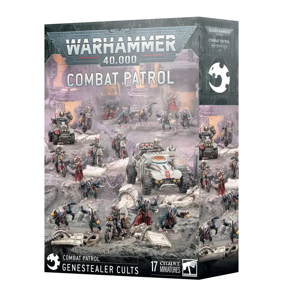 Warhammer 40,000 Combat Patrol tabletop game box with miniatures and terrain.