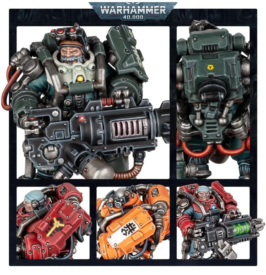 Detailed Warhammer Space Marine miniatures with weapons and gear.