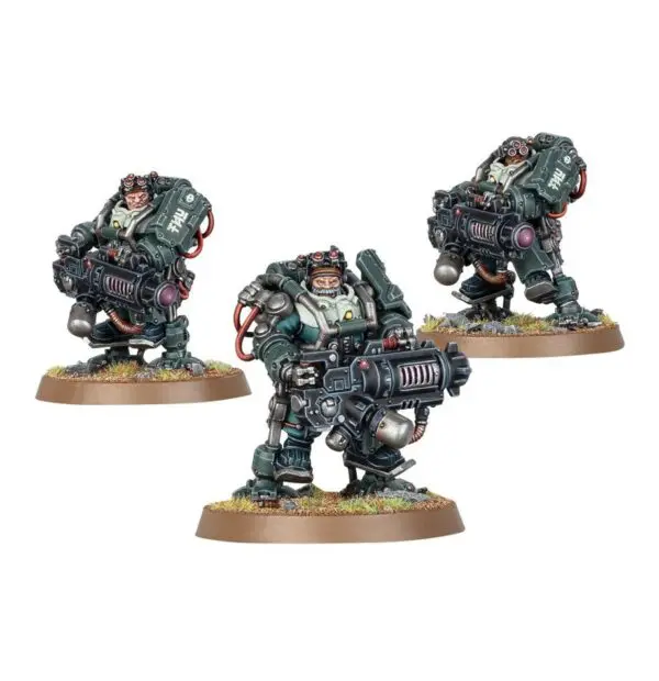 Three futuristic armored soldiers with large guns on bases.
