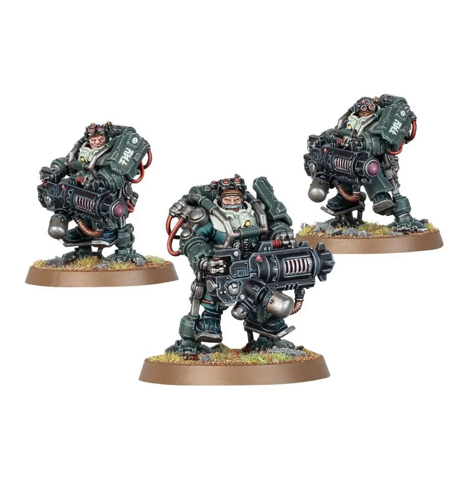 Three futuristic armored soldiers with large guns on bases.