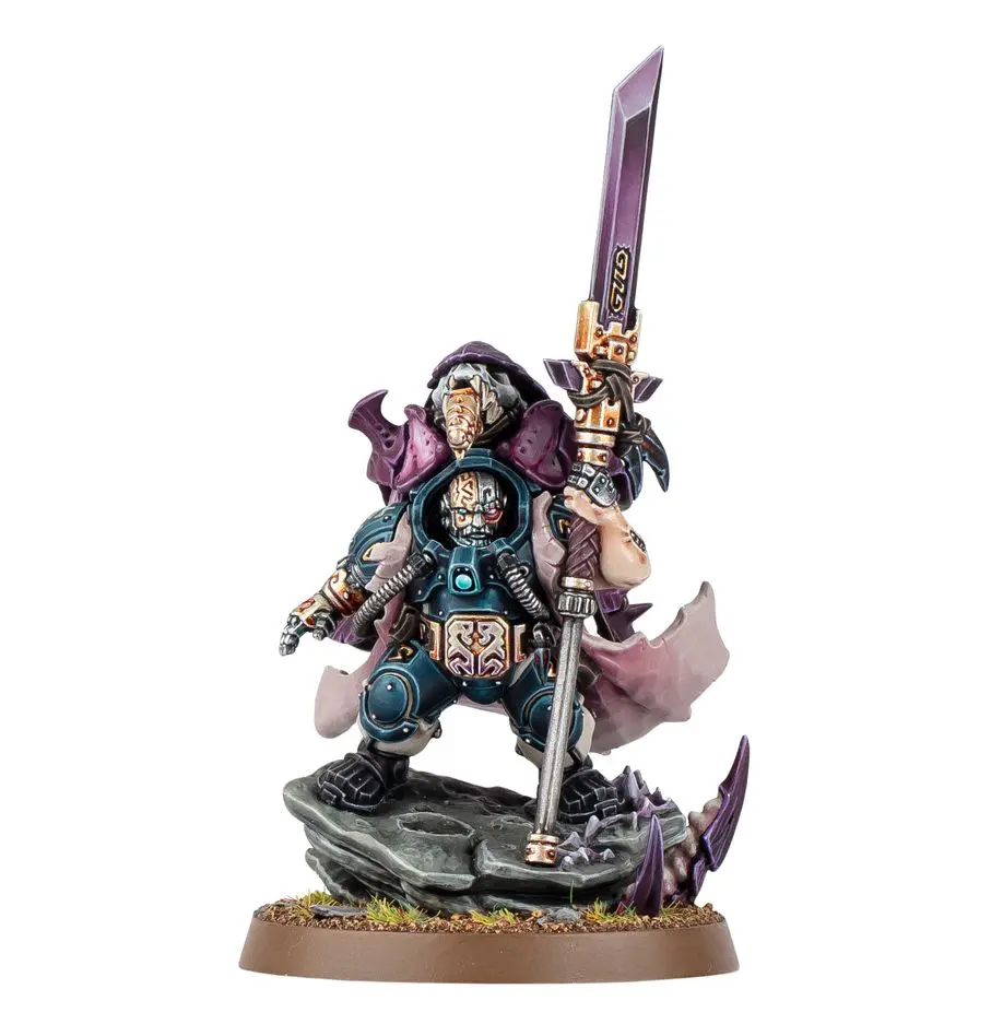 Detailed fantasy warrior miniature holding a large sword and axe.