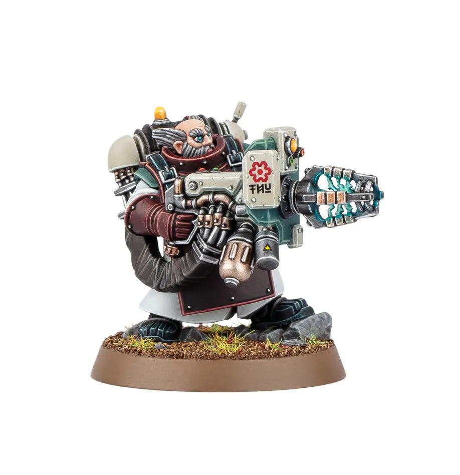 Warhammer 40K Space Marine with futuristic weapon on detailed base.