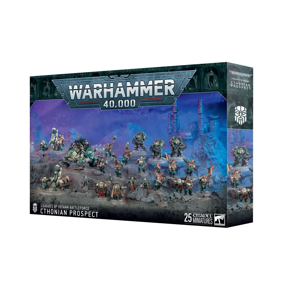 Warhammer 40,000 miniature set box art with futuristic soldiers.