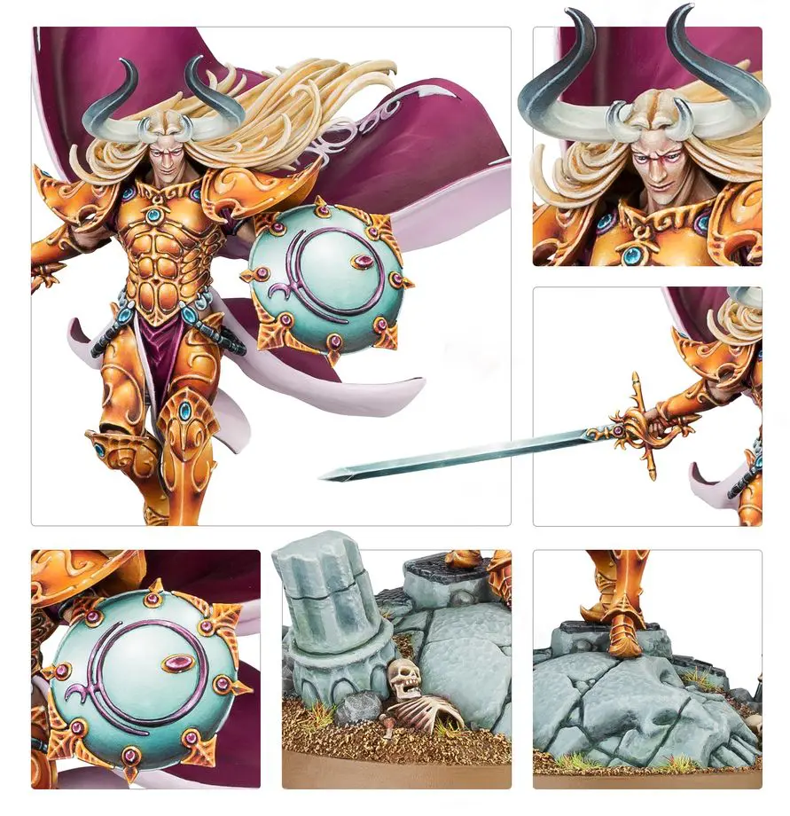 A warrior with a large shield and sword stands ready for battle.